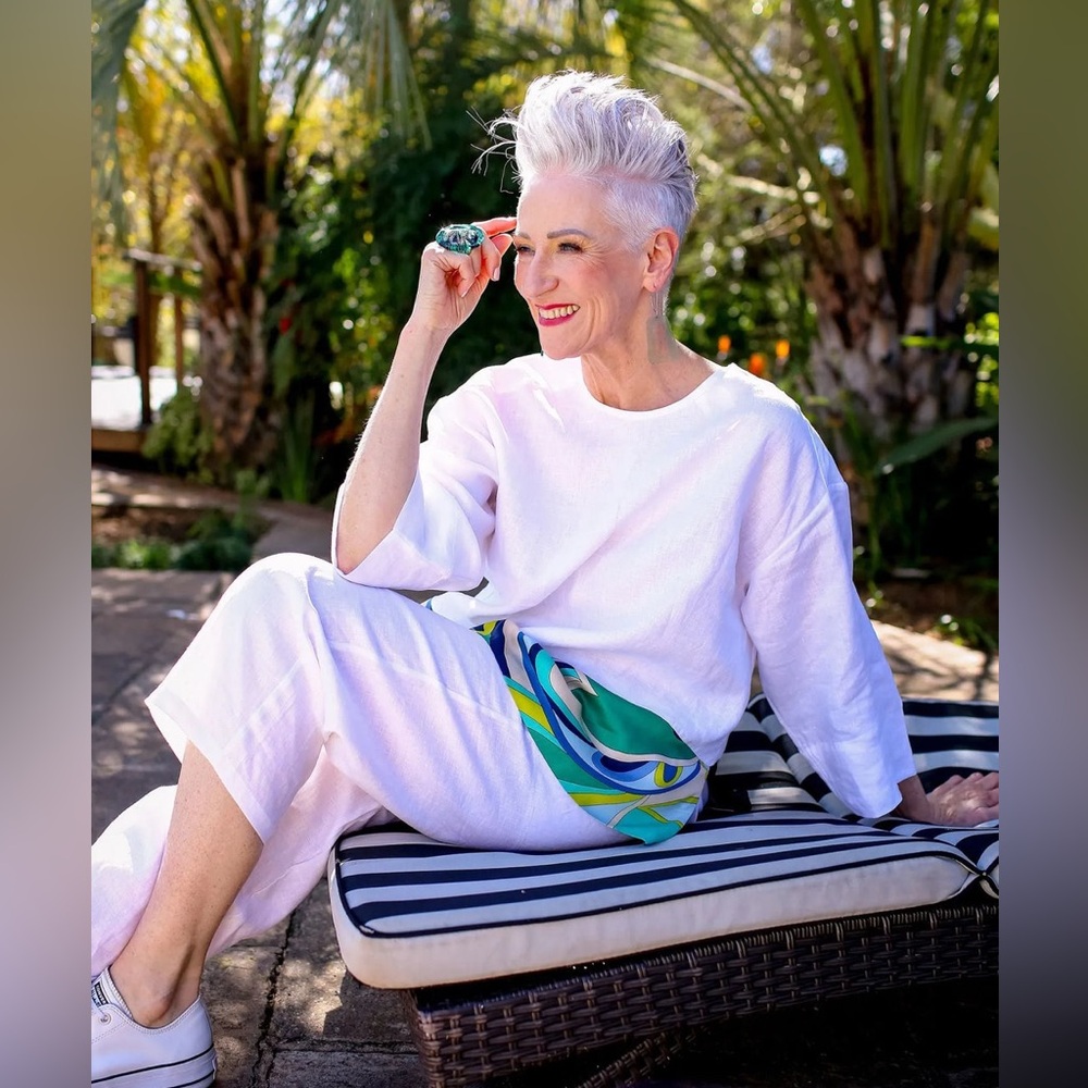 Alembika Lagoon Dot Linen Top White Mixed Print Tunic 3/4 Sleeve Size S (8–12)